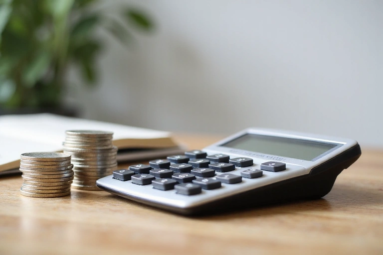 Moneta leżąca obok kalkulatora, symbolizująca przejrzyste ceny i kalkulację kosztów usług dietetycznych.